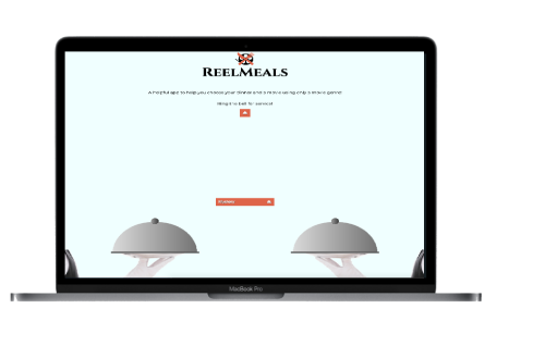 A screenshot of the ReelMeals website. It shows the title of the site and a drop down menu with a covered plate held up by a white gloved hand on either side of the menu. 
